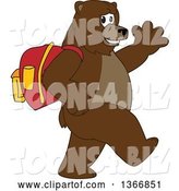 Vector Illustration of a Cartoon Grizzly Bear School Mascot Wearing a Backpack, Walking and Waving by Mascot Junction