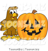 Vector Illustration of a Cartoon Hawk Mascot Character with a Pumpkin by Mascot Junction