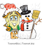 Vector Illustration of a Cartoon Home Mascot Beside Snowman by Mascot Junction