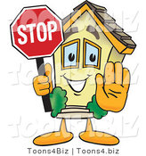 Vector Illustration of a Cartoon Home Mascot Holding a Stop Sign for Open House by Mascot Junction