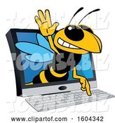 Vector Illustration of a Cartoon Hornet School Mascot Emerging from a Computer Screen by Toons4Biz