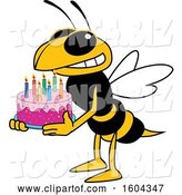 Vector Illustration of a Cartoon Hornet School Mascot Holding a Birthday Cake by Mascot Junction