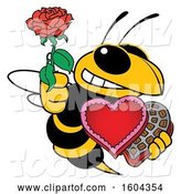 Vector Illustration of a Cartoon Hornet School Mascot Holding a Rose and Valentines Day Candy by Toons4Biz