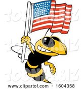 Vector Illustration of a Cartoon Hornet School Mascot Holding an American Flag by Mascot Junction