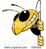 Vector Illustration of a Cartoon Hornet School Mascot Looking Around a Sign by Mascot Junction
