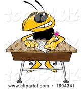 Vector Illustration of a Cartoon Hornet School Mascot Writing at a Desk by Mascot Junction