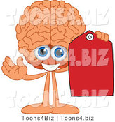 Vector Illustration of a Cartoon Human Brain Holding a Blank Red Tag by Mascot Junction