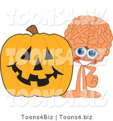 Vector Illustration of a Cartoon Human Brain Mascot with a Halloween Pumpkin by Mascot Junction
