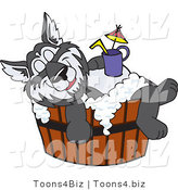 Vector Illustration of a Cartoon Husky Mascot Bathing in a Barrel with a Drink on His Belly by Mascot Junction