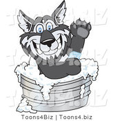 Vector Illustration of a Cartoon Husky Mascot Using Soap in a Metal Tub by Mascot Junction