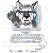 Vector Illustration of a Cartoon Husky Mascot Waving on a Computer Screen by Toons4Biz