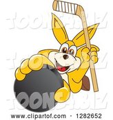 Vector Illustration of a Cartoon Kangaroo Mascot Holding up an Ice Hockey Stick and Puck by Mascot Junction
