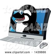 Vector Illustration of a Cartoon Killer Whale Orca Mascot Emerging from a Computer Screen by Toons4Biz