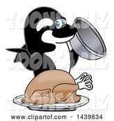 Vector Illustration of a Cartoon Killer Whale Orca Mascot Serving a Thanksgiving Turkey by Mascot Junction