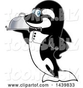 Vector Illustration of a Cartoon Killer Whale Orca Mascot Waiter Holding a Cloche Platter by Mascot Junction