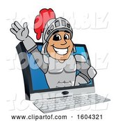 Vector Illustration of a Cartoon Knight Mascot Emerging from a Computer Screen by Mascot Junction