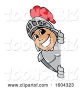 Vector Illustration of a Cartoon Knight Mascot Looking Around a Sign by Mascot Junction
