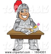 Vector Illustration of a Cartoon Knight Mascot Writing at a Desk by Mascot Junction