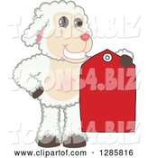 Vector Illustration of a Cartoon Lamb Mascot Holding a Red Clearance Sales Tag by Mascot Junction
