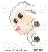 Vector Illustration of a Cartoon Lamb Mascot Looking Around a Sign by Mascot Junction