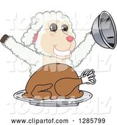 Vector Illustration of a Cartoon Lamb Mascot Serving a Roasted Thanksgiving Turkey by Mascot Junction