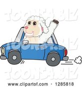 Vector Illustration of a Cartoon Lamb Mascot Waving and Driving a Blue Car by Mascot Junction