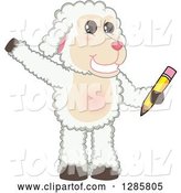 Vector Illustration of a Cartoon Lamb Mascot Waving and Holding a Pencil by Mascot Junction