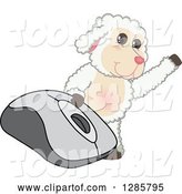 Vector Illustration of a Cartoon Lamb Mascot Waving by a Giant Computer Mouse by Mascot Junction
