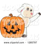Vector Illustration of a Cartoon Lamb Mascot Waving by a Giant Halloween Jackolantern Pumpkin by Mascot Junction
