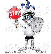 Vector Illustration of a Cartoon Lancer Mascot Gesturing and Holding a Stop Sign by Mascot Junction