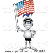 Vector Illustration of a Cartoon Lancer Mascot Holding up an American Flag by Mascot Junction