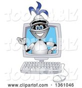 Vector Illustration of a Cartoon Lancer Mascot Presenting and Emerging from a Desktop Computer Screen by Mascot Junction