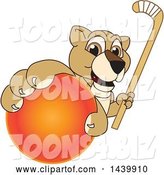 Vector Illustration of a Cartoon Lion Cub School Mascot Grabbing a Hockey Ball and Holding a Stick by Mascot Junction