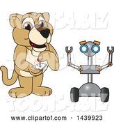 Vector Illustration of a Cartoon Lion Cub School Mascot Operating a Robot by Mascot Junction