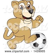 Vector Illustration of a Cartoon Lion Cub School Mascot Playing Soccer by Mascot Junction