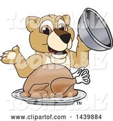 Vector Illustration of a Cartoon Lion Cub School Mascot Serving a Roasted Thanksgiving Turkey by Mascot Junction