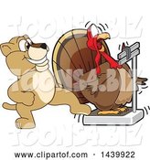 Vector Illustration of a Cartoon Lion Cub School Mascot Stepping on a Scale While a Turkey Is Weighing Himself by Mascot Junction