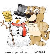 Vector Illustration of a Cartoon Lion Cub School Mascot with a Snowman by Mascot Junction