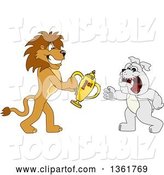 Vector Illustration of a Cartoon Lion Mascot Giving a First Place Trophy to a Bulldog, Symbolizing Sportsmanship by Mascot Junction