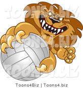 Vector Illustration of a Cartoon Lion Mascot Grabbing a Volleyball by Mascot Junction