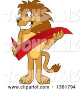Vector Illustration of a Cartoon Lion Mascot Holding a Check Mark, Symbolizing Acceptance by Mascot Junction
