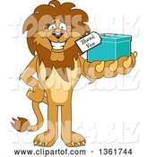 Vector Illustration of a Cartoon Lion Mascot Holding up a Thank You Gift, Symbolizing Gratitude by Mascot Junction