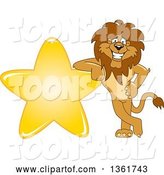 Vector Illustration of a Cartoon Lion Mascot Leaning on a Star, Symbolizing Excellence by Mascot Junction