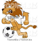 Vector Illustration of a Cartoon Lion Mascot Playing Soccer by Mascot Junction