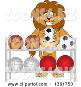 Vector Illustration of a Cartoon Lion Mascot Putting a Soccer Ball Back on a Rack, Symbolizing Respect by Mascot Junction