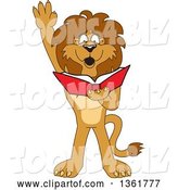 Vector Illustration of a Cartoon Lion Mascot Raising His Hand and Reading a Book, Symbolizing Determination by Mascot Junction