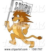 Vector Illustration of a Cartoon Lion Mascot Running with a Team Flag, Symbolizing Pride by Mascot Junction
