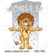 Vector Illustration of a Cartoon Lion Mascot Shrugging in the Rain, Symbolizing Acceptance by Mascot Junction
