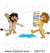 Vector Illustration of a Cartoon Lion Mascot Warning Another That Is Carrying Books About a Puddle, Symbolizing Being Proactive by Mascot Junction