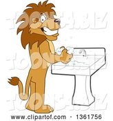 Vector Illustration of a Cartoon Lion Mascot Washing His Hands, Symbolizing Responsibility by Toons4Biz